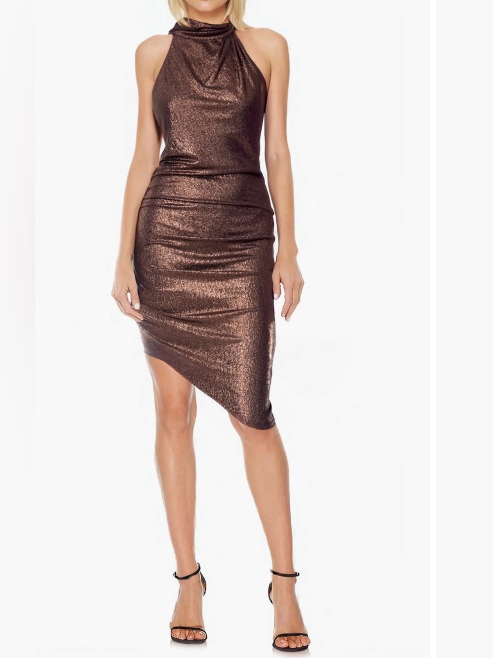 Like new HTF Jewel Badgley Mischka Ruched asymmetric metallic cocktail dress
